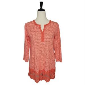Lands' End Coral Geometric Split Neck Lace Trim 3/4 Sleeve Tunic Top Size XS/P